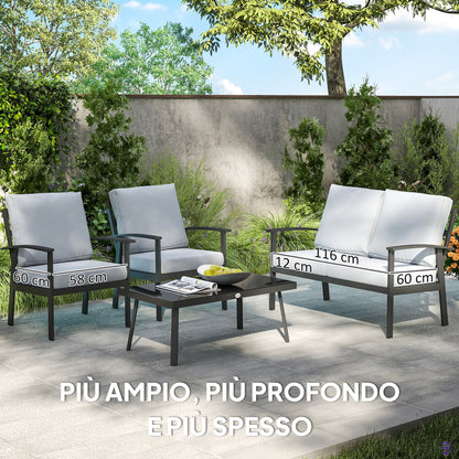 4-Piece Aluminum Garden Lounge Set, Outdoor 2-Seater Sofa, 2 Armchairs and Glass Coffee Table with Removable Cushions, Charcoal Grey