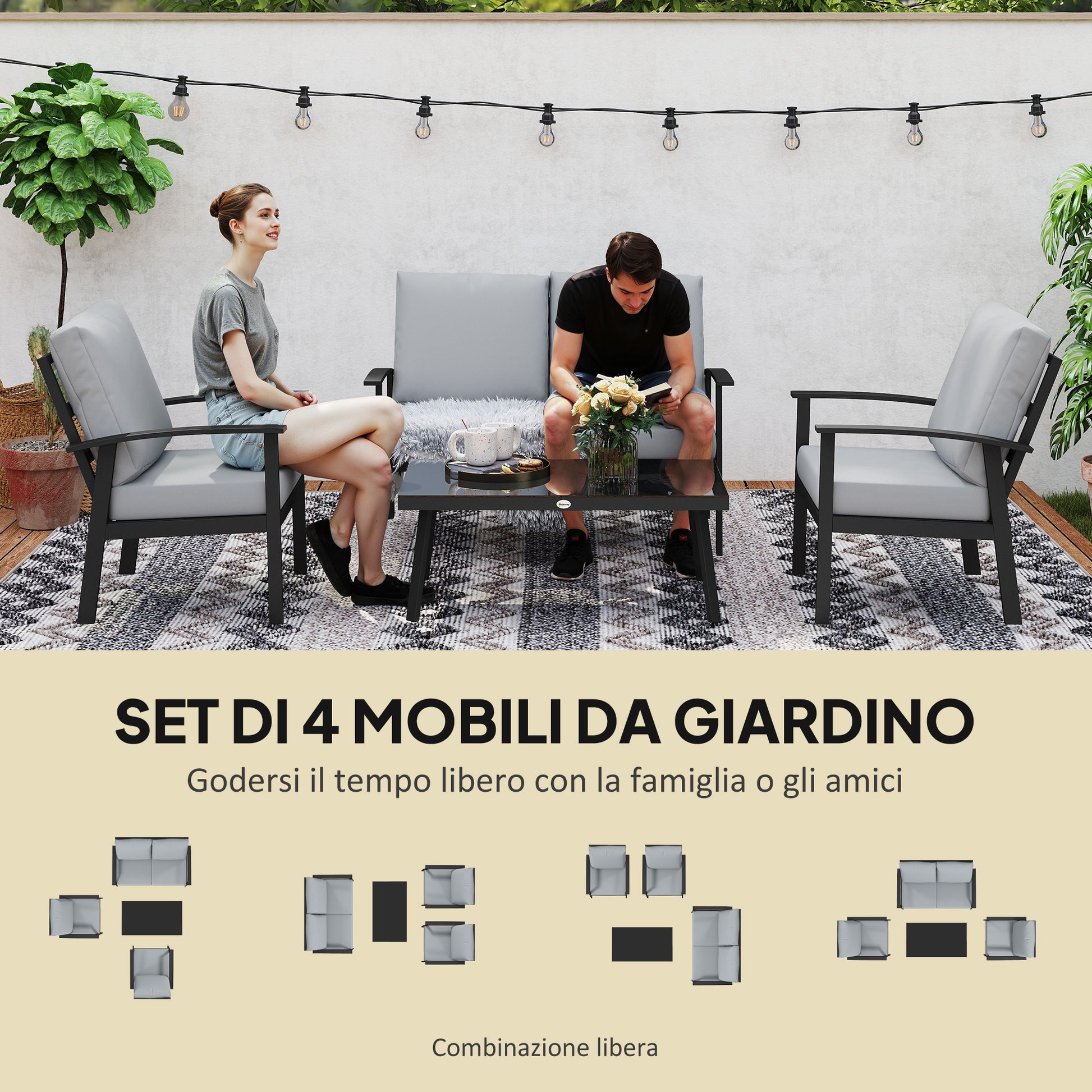 4-Piece Aluminum Garden Lounge Set, Outdoor 2-Seater Sofa, 2 Armchairs and Glass Coffee Table with Removable Cushions, Charcoal Grey