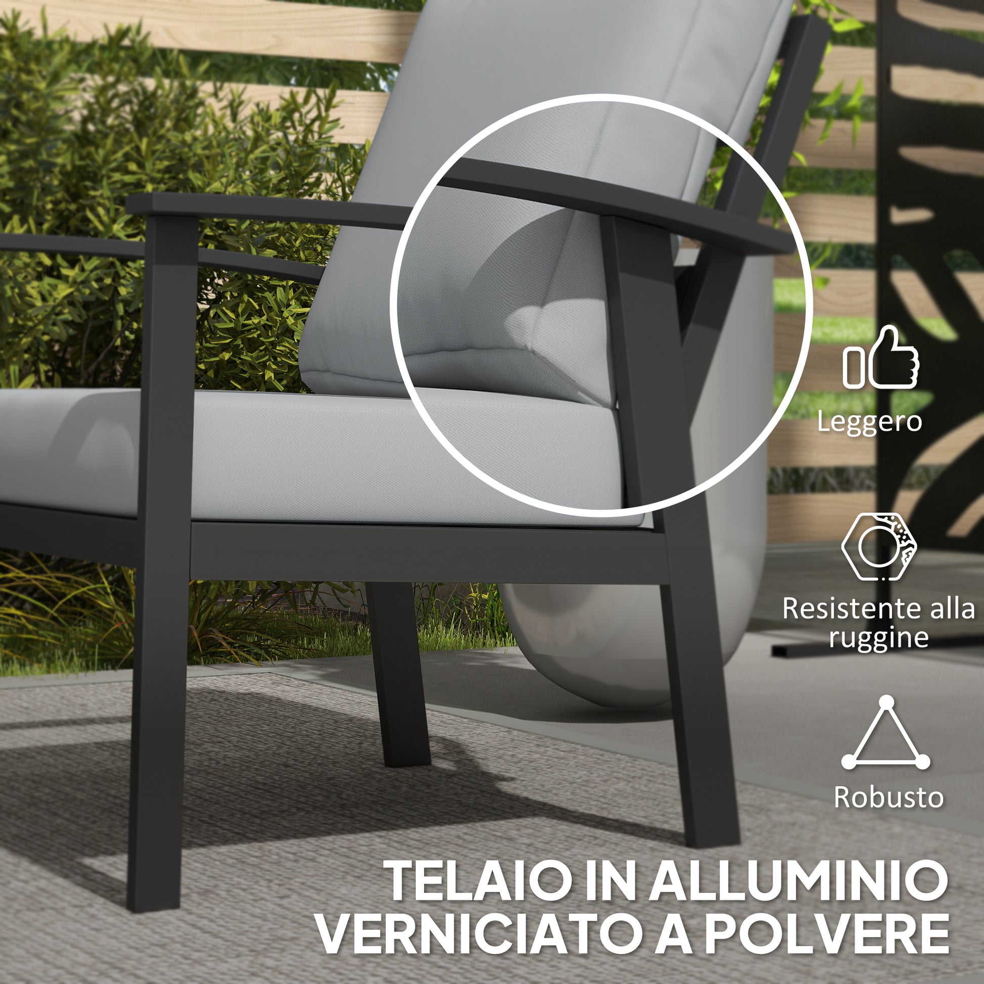 4-Piece Aluminum Garden Lounge Set, Outdoor 2-Seater Sofa, 2 Armchairs and Glass Coffee Table with Removable Cushions, Charcoal Grey
