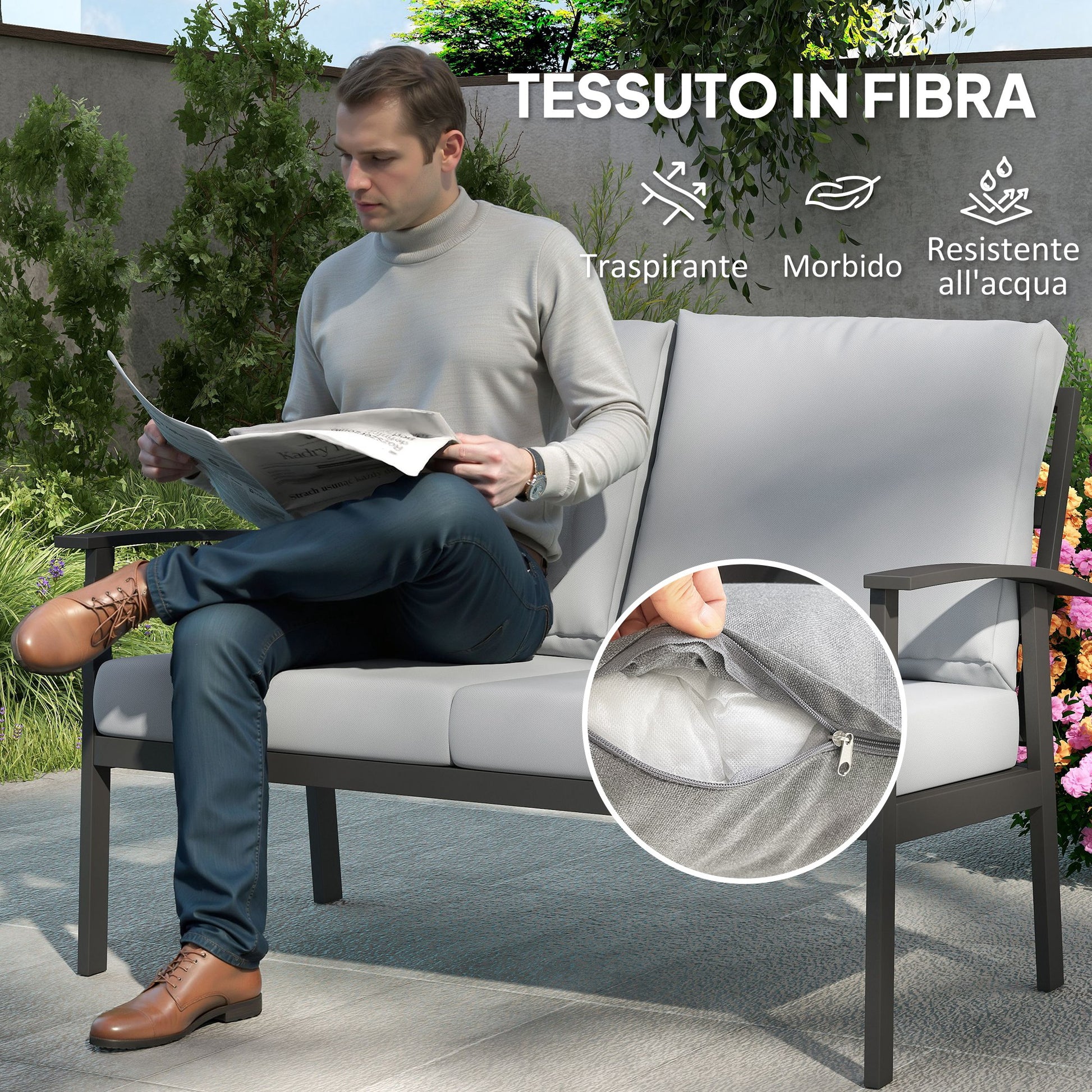 4-Piece Aluminum Garden Lounge Set, Outdoor 2-Seater Sofa, 2 Armchairs and Glass Coffee Table with Removable Cushions, Charcoal Grey