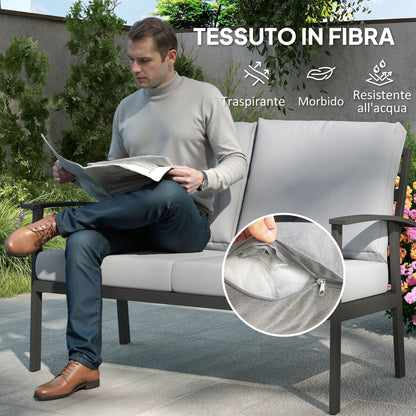 4-Piece Aluminum Garden Lounge Set, Outdoor 2-Seater Sofa, 2 Armchairs and Glass Coffee Table with Removable Cushions, Charcoal Grey