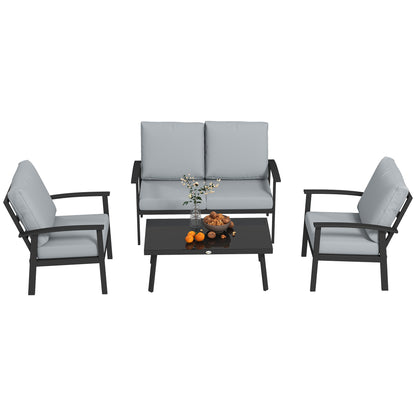 4-Piece Aluminum Garden Lounge Set, Outdoor 2-Seater Sofa, 2 Armchairs and Glass Coffee Table with Removable Cushions, Charcoal Grey
