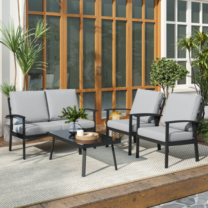 4-Piece Aluminum Garden Lounge Set, Outdoor 2-Seater Sofa, 2 Armchairs and Glass Coffee Table with Removable Cushions, Charcoal Grey