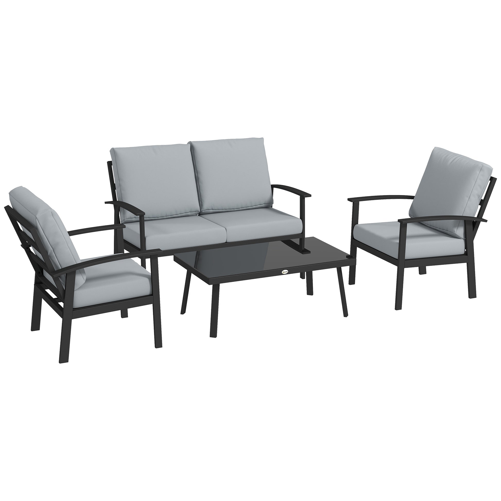 4-Piece Aluminum Garden Lounge Set, Outdoor 2-Seater Sofa, 2 Armchairs and Glass Coffee Table with Removable Cushions, Charcoal Grey