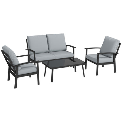 4-Piece Aluminum Garden Lounge Set, Outdoor 2-Seater Sofa, 2 Armchairs and Glass Coffee Table with Removable Cushions, Charcoal Grey
