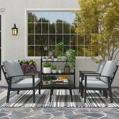 4-Piece Aluminum Garden Lounge Set, Outdoor 2-Seater Sofa, 2 Armchairs and Glass Coffee Table with Removable Cushions, Charcoal Grey