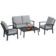 4-Piece Aluminum Garden Lounge Set, Outdoor 2-Seater Sofa, 2 Armchairs and Glass Coffee Table with Removable Cushions, Charcoal Grey