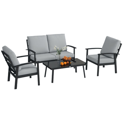 4-Piece Aluminum Garden Lounge Set, Outdoor 2-Seater Sofa, 2 Armchairs and Glass Coffee Table with Removable Cushions, Charcoal Grey