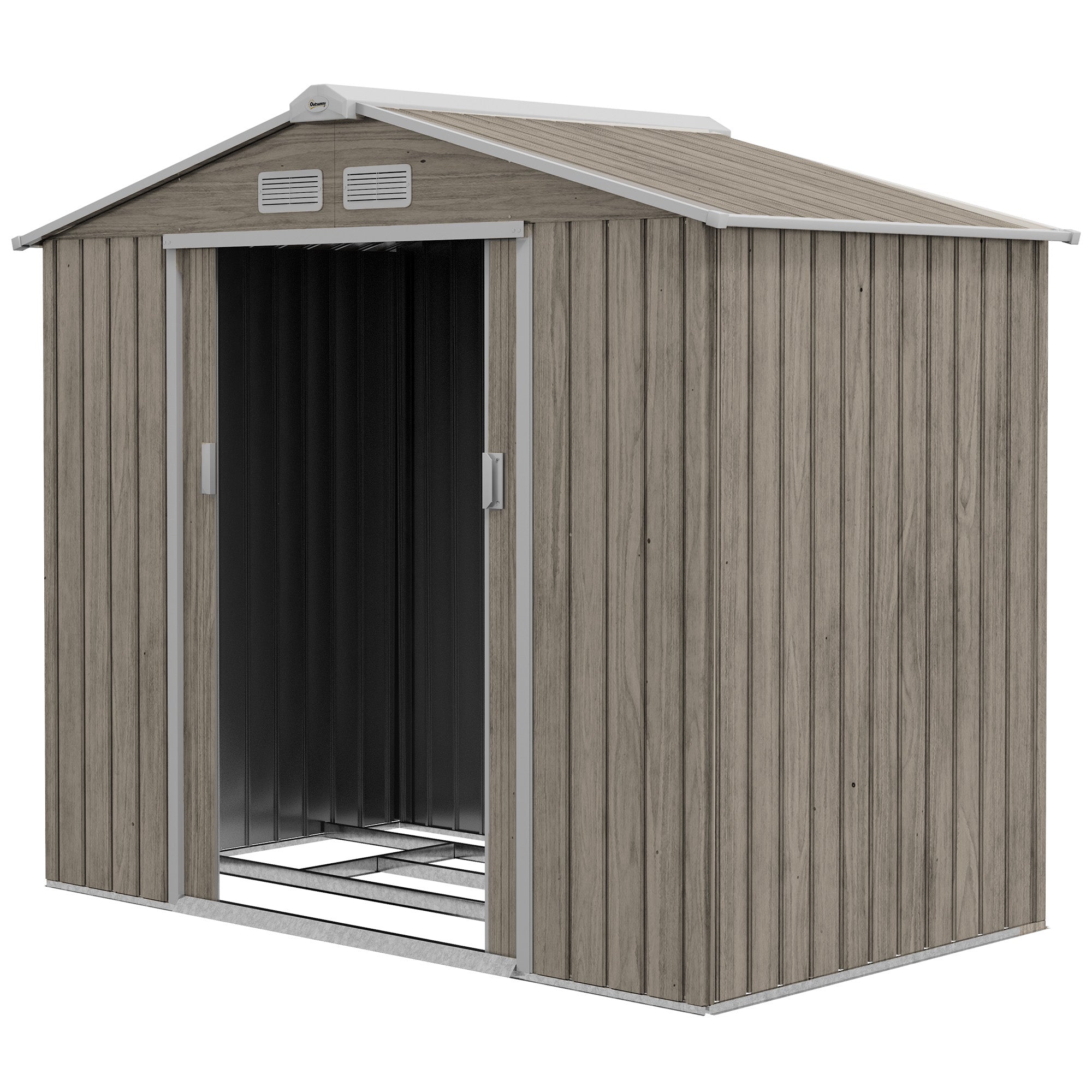 2.42m² Wood Effect Garden Shed with Reinforcement Base Without Floor 213x130x185 cm Outdoor Garden Shed with 2 Sliding Doors and 4 Windows for Tool Storage