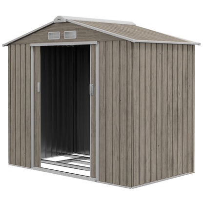 2.42m² Wood Effect Garden Shed with Reinforcement Base Without Floor 213x130x185 cm Outdoor Garden Shed with 2 Sliding Doors and 4 Windows for Tool Storage
