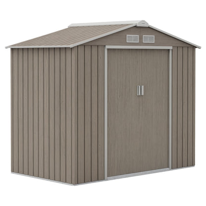2.42m² Wood Effect Garden Shed with Reinforcement Base Without Floor 213x130x185 cm Outdoor Garden Shed with 2 Sliding Doors and 4 Windows for Tool Storage