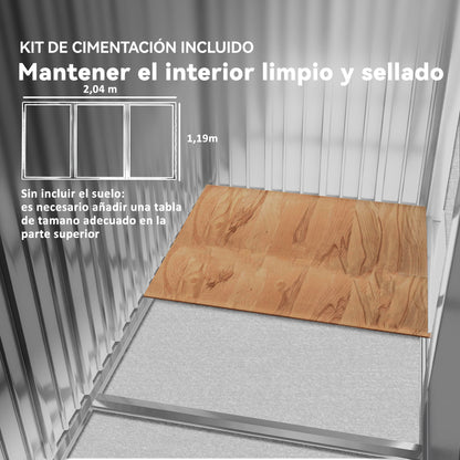 2.42m² Wood Effect Garden Shed with Reinforcement Base Without Floor 213x130x185 cm Outdoor Garden Shed with 2 Sliding Doors and 4 Windows for Tool Storage