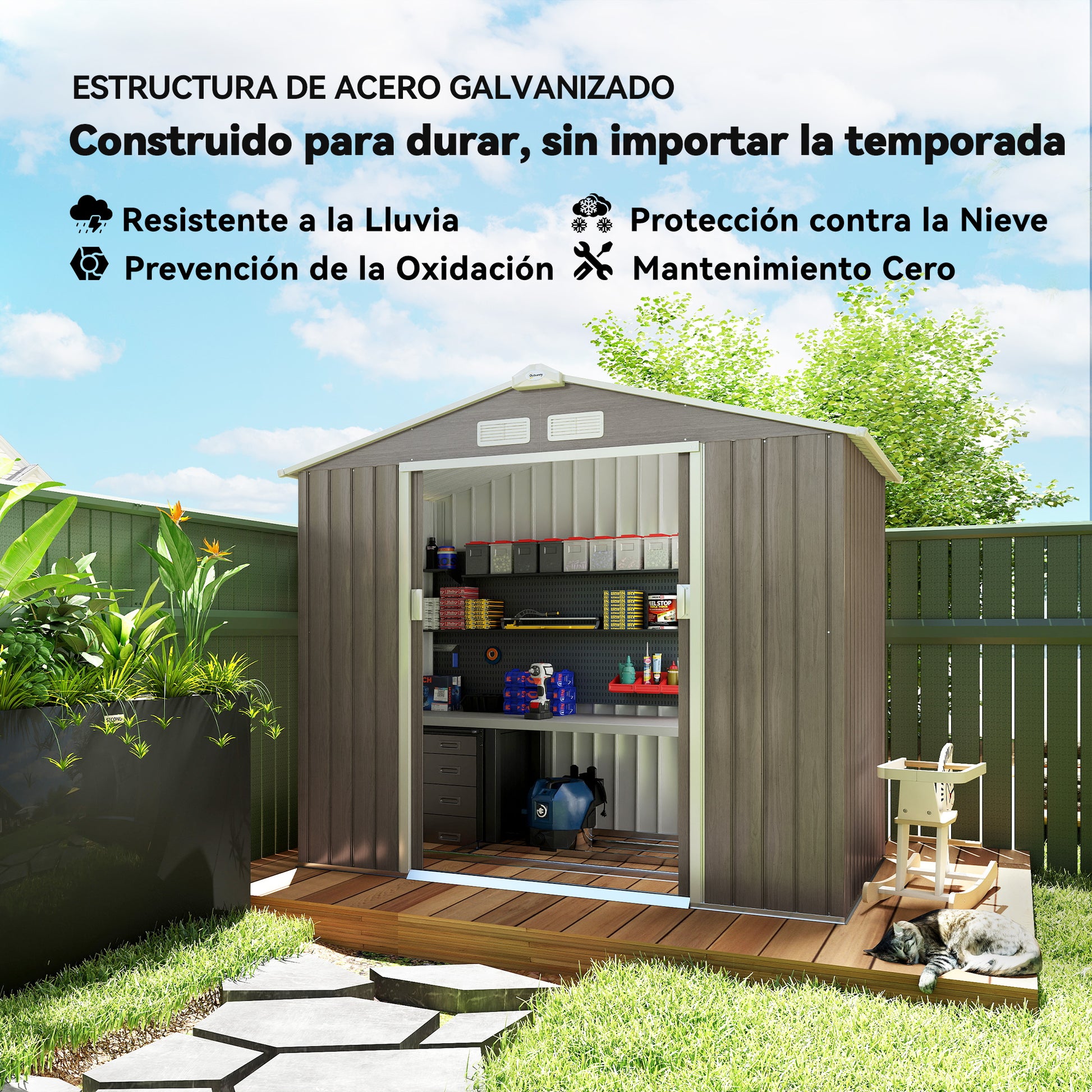 2.42m² Wood Effect Garden Shed with Reinforcement Base Without Floor 213x130x185 cm Outdoor Garden Shed with 2 Sliding Doors and 4 Windows for Tool Storage