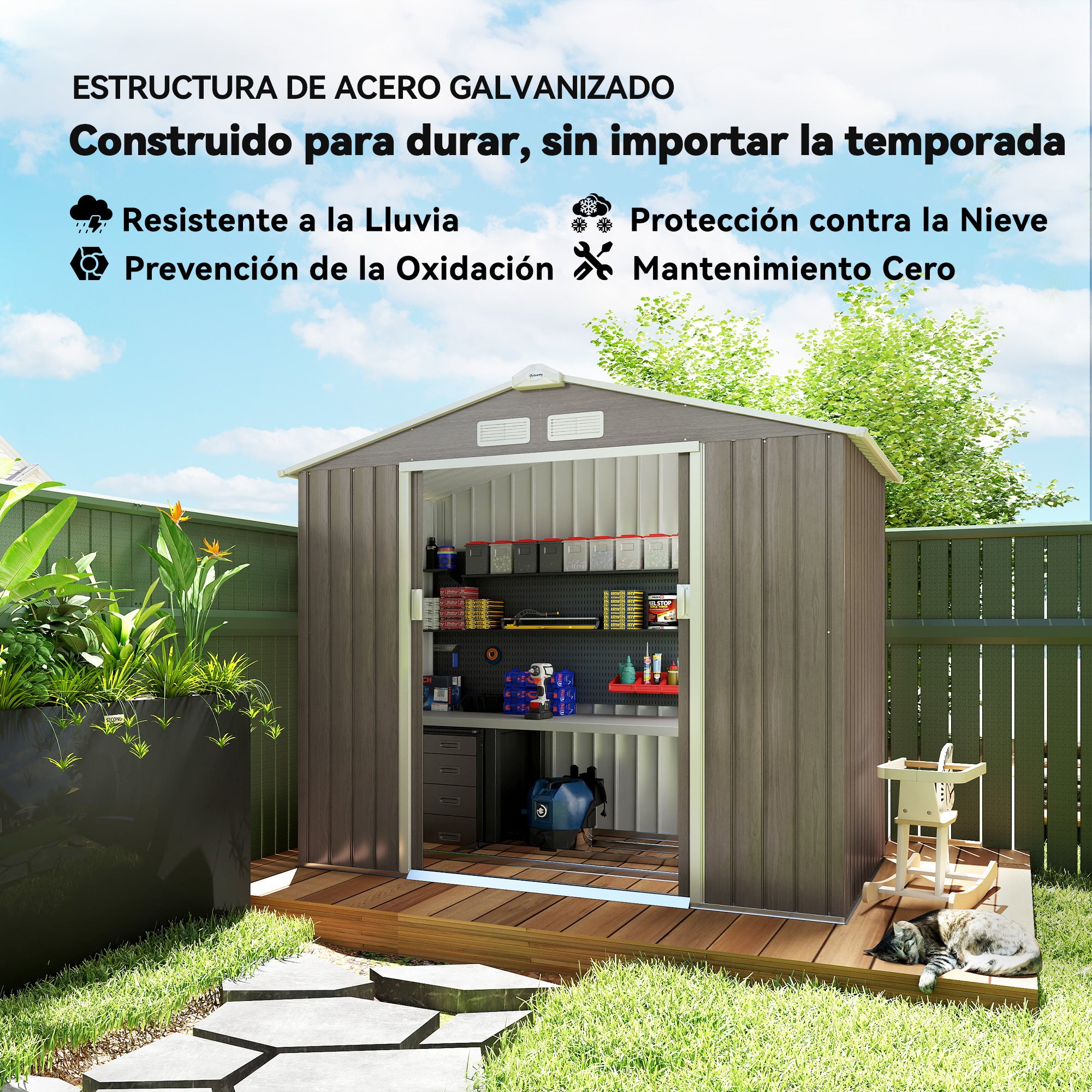 2.42m² Wood Effect Garden Shed with Reinforcement Base Without Floor 213x130x185 cm Outdoor Garden Shed with 2 Sliding Doors and 4 Windows for Tool Storage