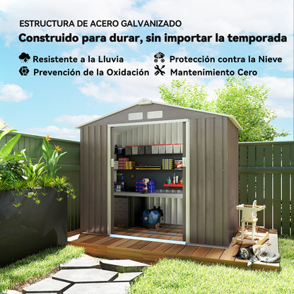 2.42m² Wood Effect Garden Shed with Reinforcement Base Without Floor 213x130x185 cm Outdoor Garden Shed with 2 Sliding Doors and 4 Windows for Tool Storage