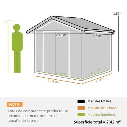 2.42m² Wood Effect Garden Shed with Reinforcement Base Without Floor 213x130x185 cm Outdoor Garden Shed with 2 Sliding Doors and 4 Windows for Tool Storage