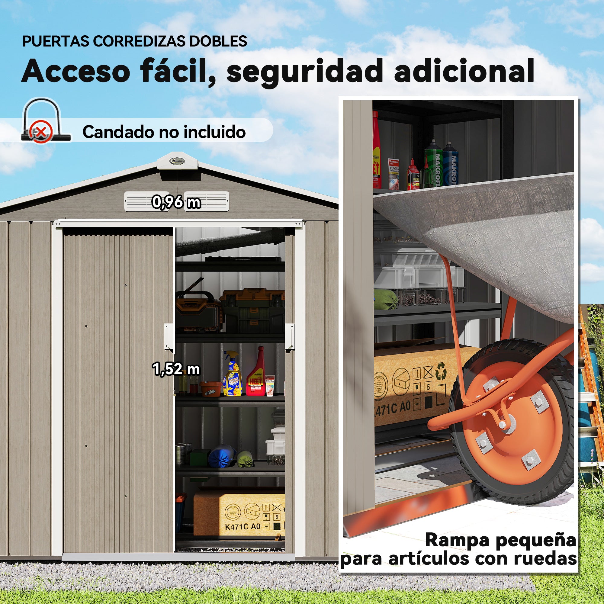 2.42m² Wood Effect Garden Shed with Reinforcement Base Without Floor 213x130x185 cm Outdoor Garden Shed with 2 Sliding Doors and 4 Windows for Tool Storage