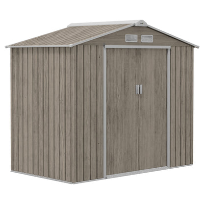 2.42m² Wood Effect Garden Shed with Reinforcement Base Without Floor 213x130x185 cm Outdoor Garden Shed with 2 Sliding Doors and 4 Windows for Tool Storage
