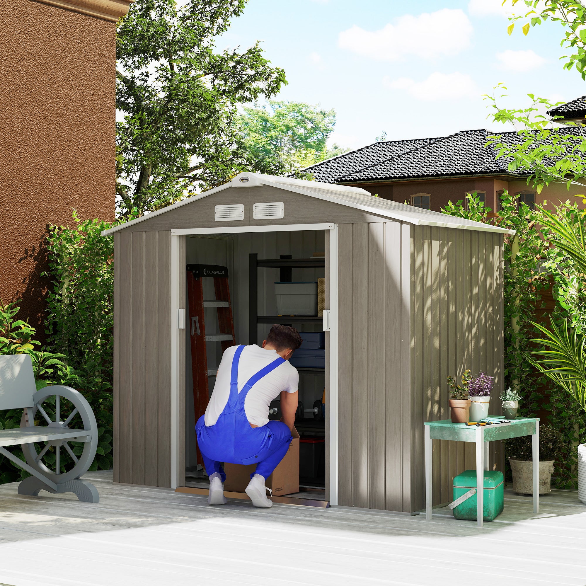 2.42m² Wood Effect Garden Shed with Reinforcement Base Without Floor 213x130x185 cm Outdoor Garden Shed with 2 Sliding Doors and 4 Windows for Tool Storage