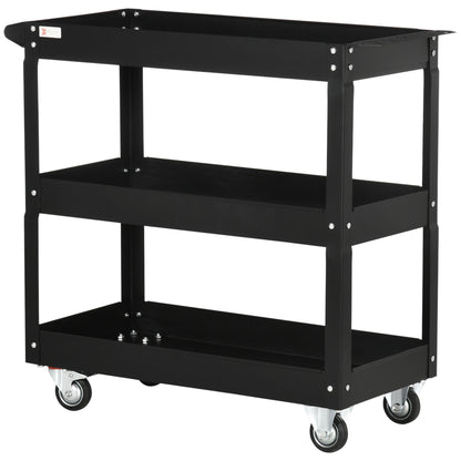 Workshop Cart with 3 Levels, Empty Tool Cart, Transport Cart with Side Handle, 4 Wheels, up to 150 kg Capacity, Steel, 83 x 35.3 x 76 cm, Black