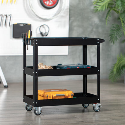 Workshop Cart with 3 Levels, Empty Tool Cart, Transport Cart with Side Handle, 4 Wheels, up to 150 kg Capacity, Steel, 83 x 35.3 x 76 cm, Black