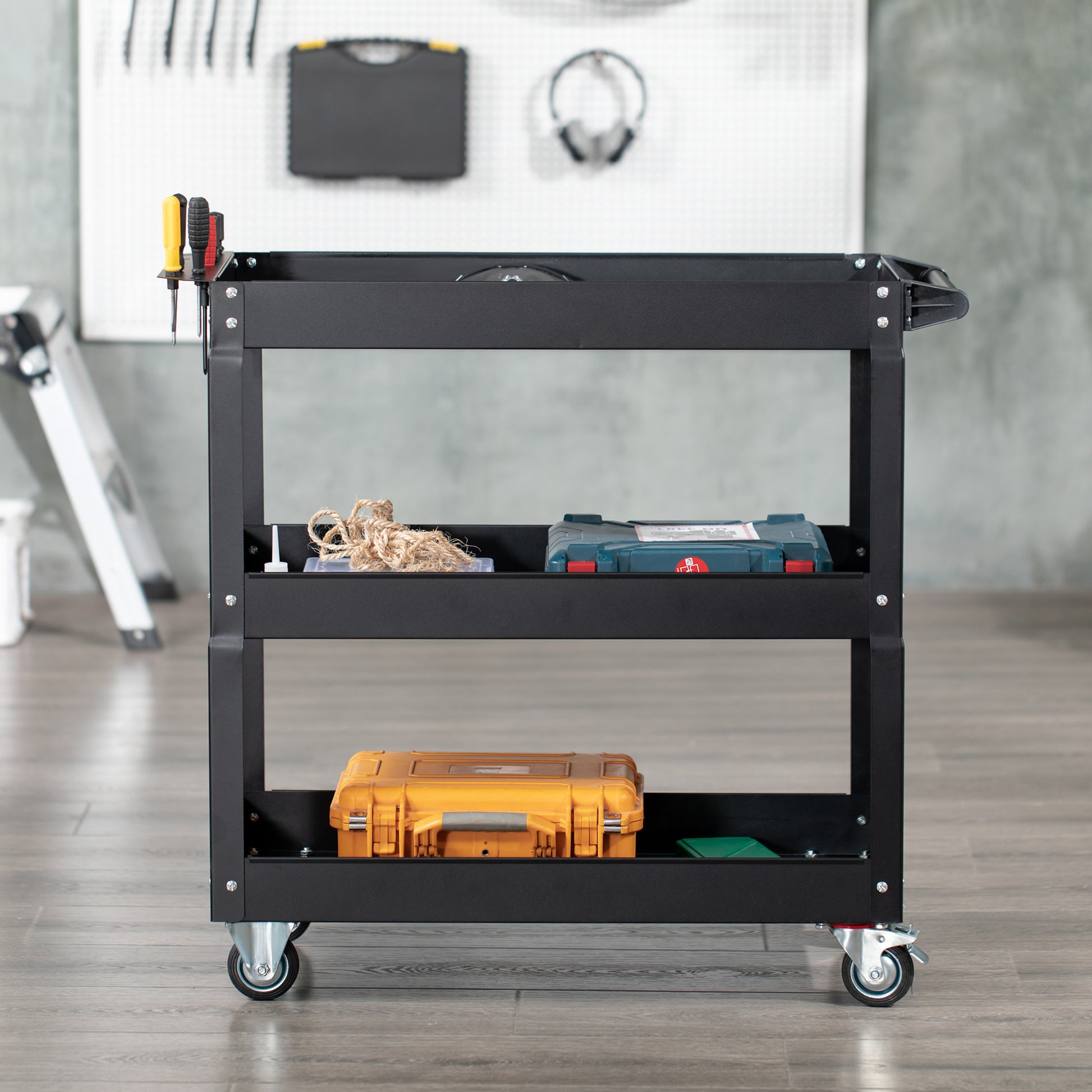 Workshop Cart with 3 Levels, Empty Tool Cart, Transport Cart with Side Handle, 4 Wheels, up to 150 kg Capacity, Steel, 83 x 35.3 x 76 cm, Black