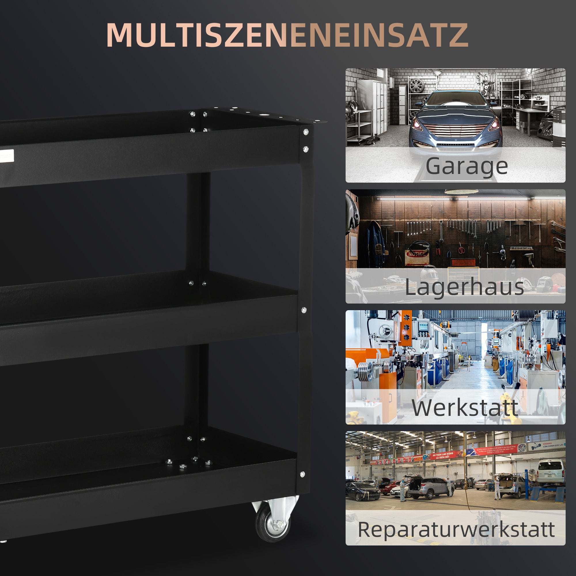 Workshop Cart with 3 Levels, Empty Tool Cart, Transport Cart with Side Handle, 4 Wheels, up to 150 kg Capacity, Steel, 83 x 35.3 x 76 cm, Black