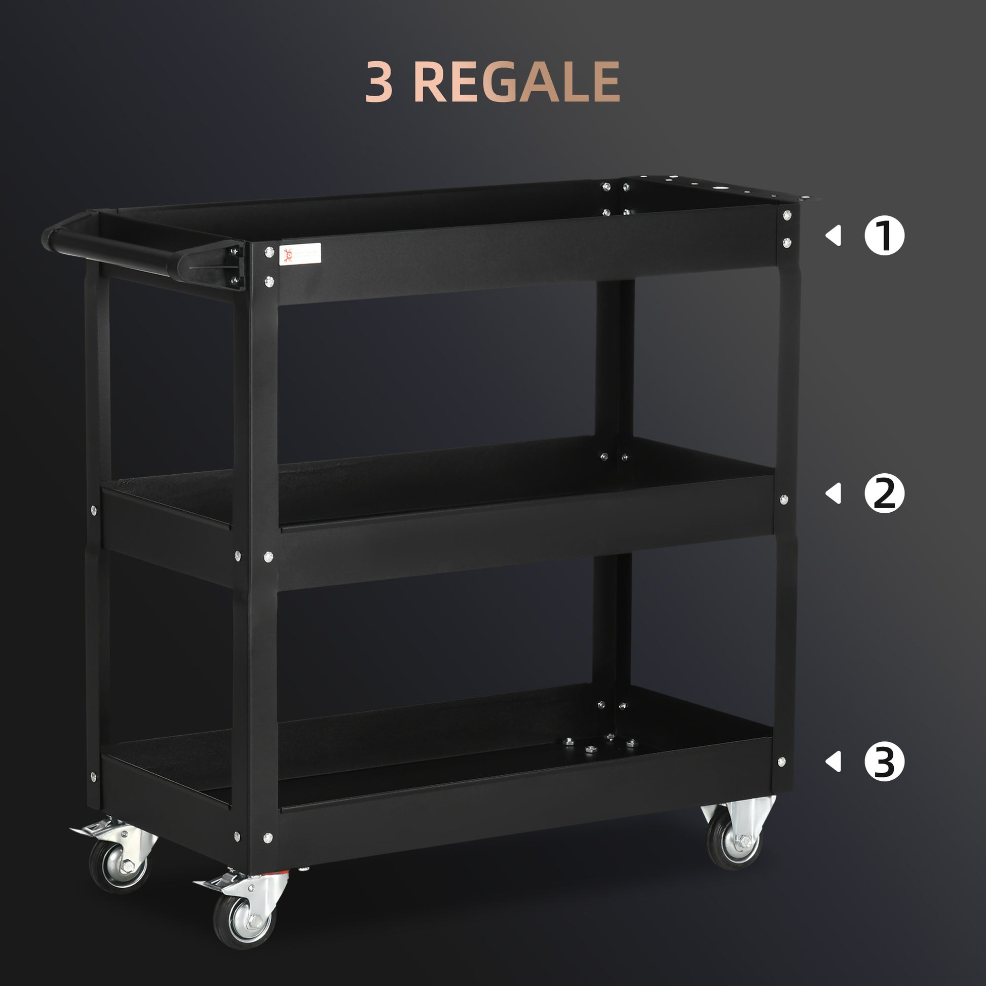 Workshop Cart with 3 Levels, Empty Tool Cart, Transport Cart with Side Handle, 4 Wheels, up to 150 kg Capacity, Steel, 83 x 35.3 x 76 cm, Black