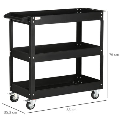 Workshop Cart with 3 Levels, Empty Tool Cart, Transport Cart with Side Handle, 4 Wheels, up to 150 kg Capacity, Steel, 83 x 35.3 x 76 cm, Black