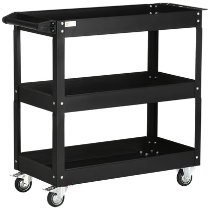 Workshop Cart with 3 Levels, Empty Tool Cart, Transport Cart with Side Handle, 4 Wheels, up to 150 kg Capacity, Steel, 83 x 35.3 x 76 cm, Black