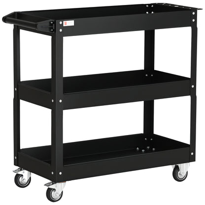 Workshop Cart with 3 Levels, Empty Tool Cart, Transport Cart with Side Handle, 4 Wheels, up to 150 kg Capacity, Steel, 83 x 35.3 x 76 cm, Black
