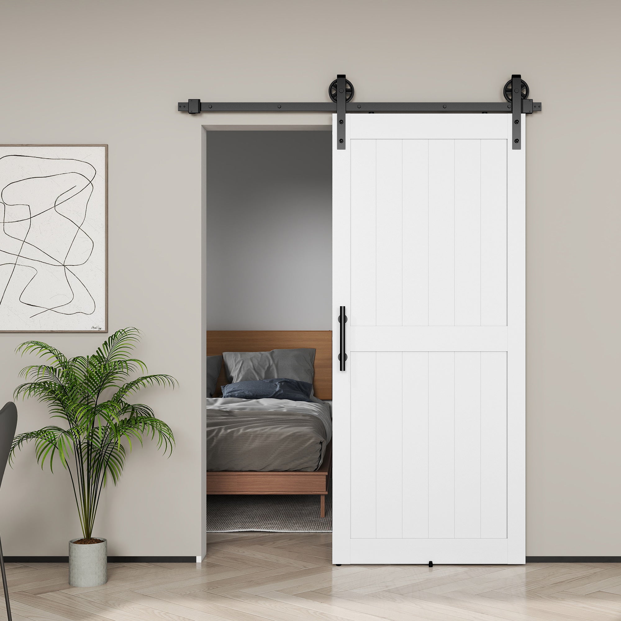 Barn Sliding Door with 91.5x213.4 cm Upgraded Interior Sliding Door with Handle, Roller, and Improved Floor Guide for Bathroom Living Room White