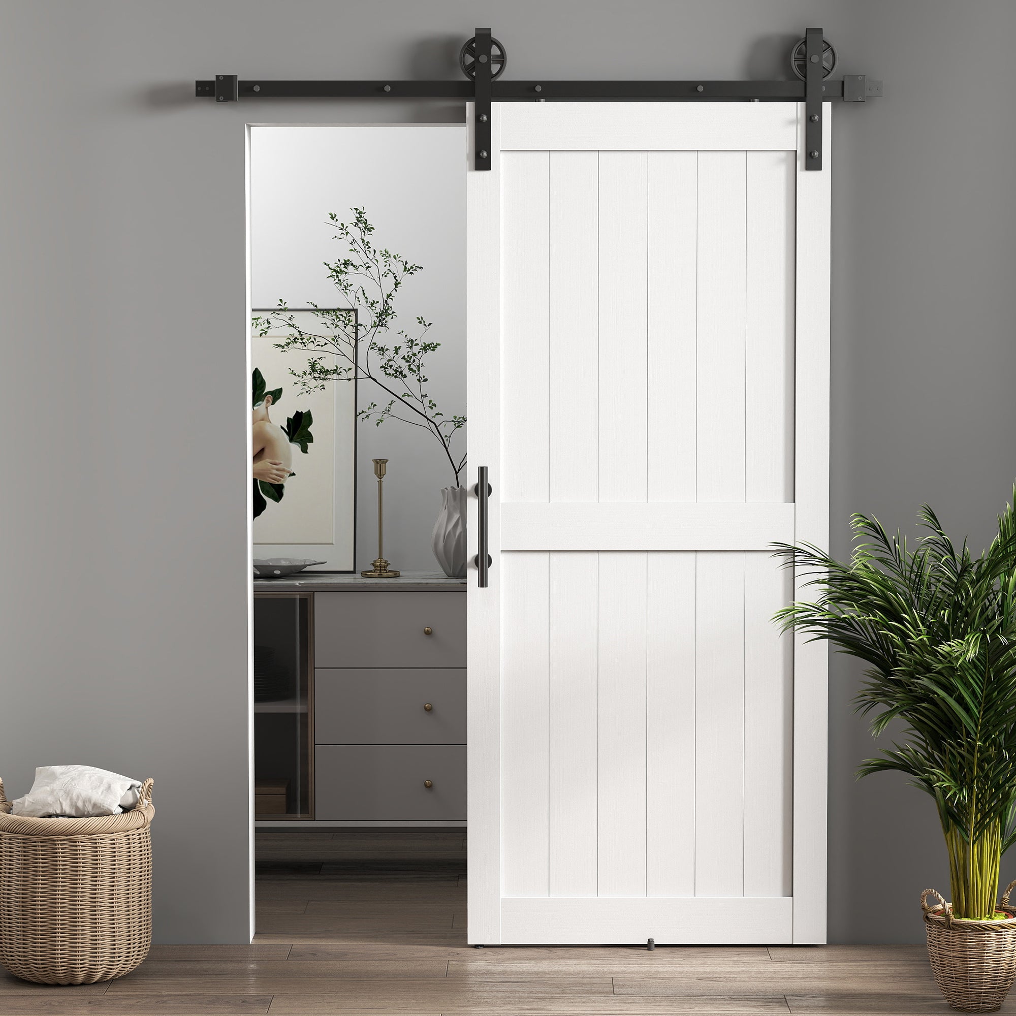 Barn Sliding Door with 91.5x213.4 cm Upgraded Interior Sliding Door with Handle, Roller, and Improved Floor Guide for Bathroom Living Room White