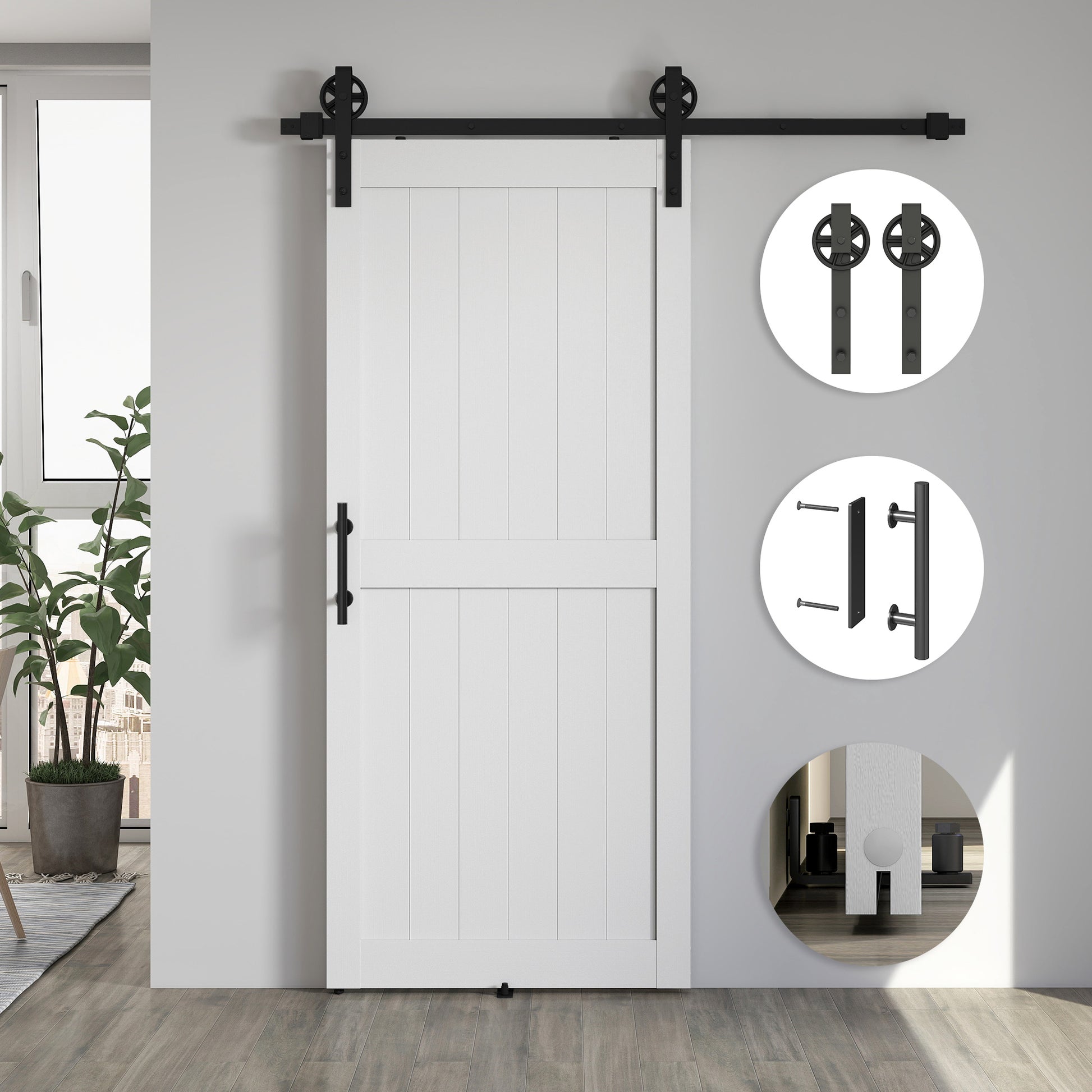 Barn Sliding Door with 91.5x213.4 cm Upgraded Interior Sliding Door with Handle, Roller, and Improved Floor Guide for Bathroom Living Room White