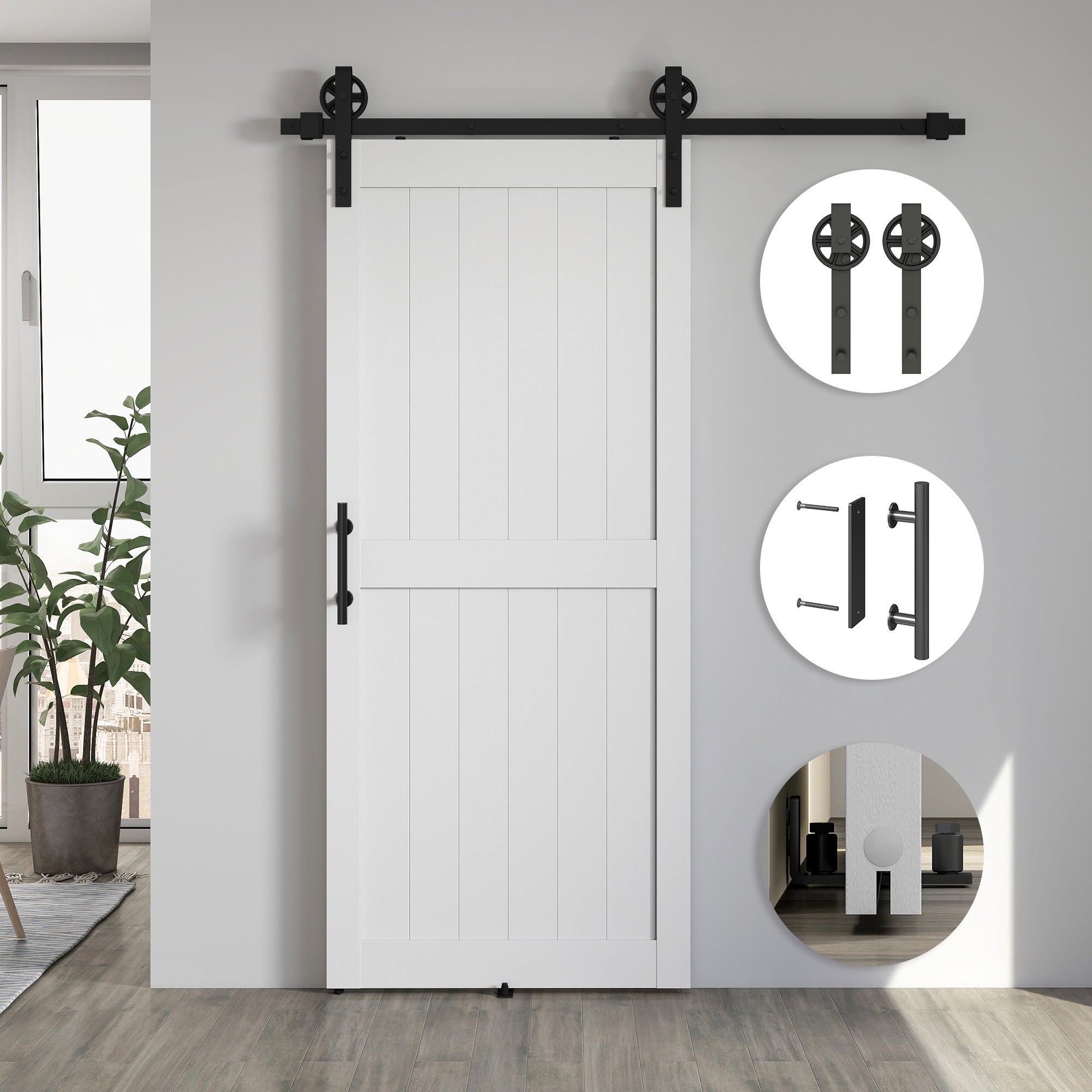 Barn Sliding Door with 91.5x213.4 cm Upgraded Interior Sliding Door with Handle, Roller, and Improved Floor Guide for Bathroom Living Room White