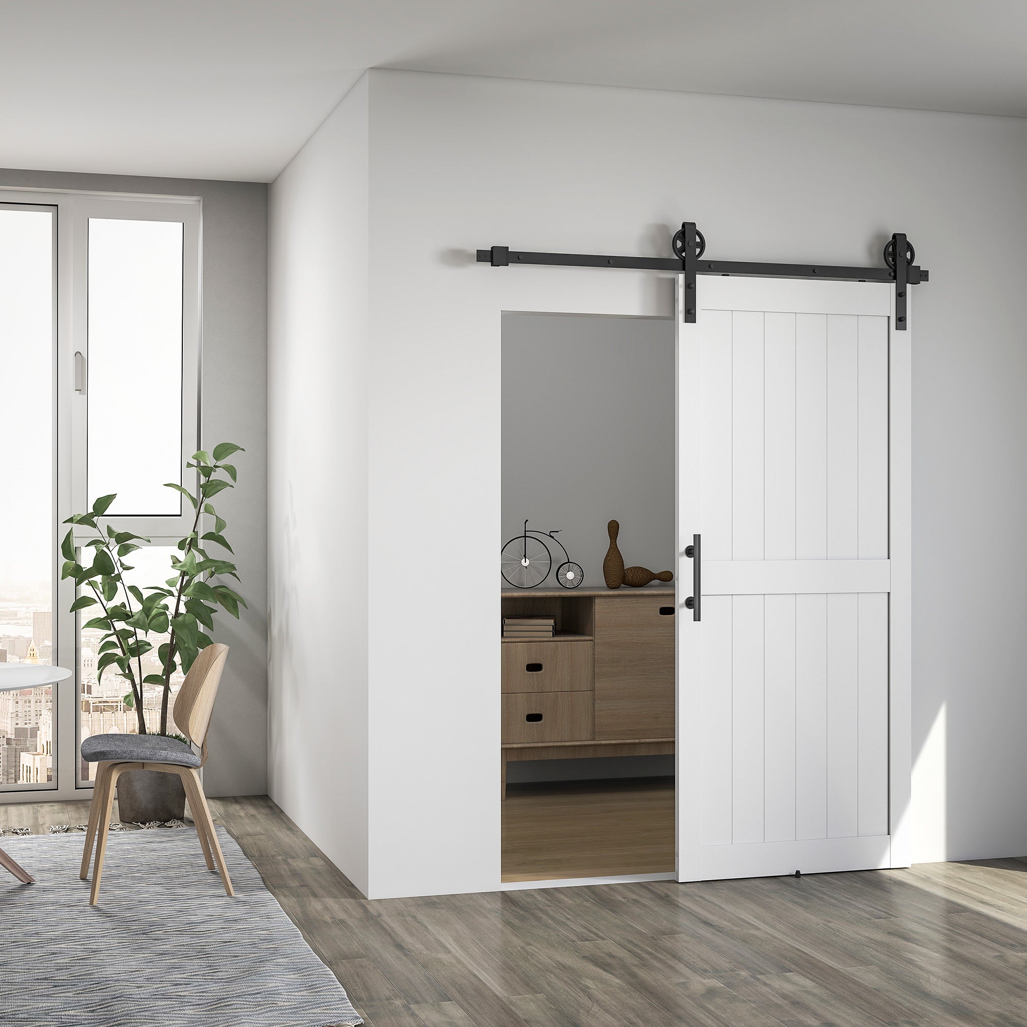 Barn Sliding Door with 91.5x213.4 cm Upgraded Interior Sliding Door with Handle, Roller, and Improved Floor Guide for Bathroom Living Room White
