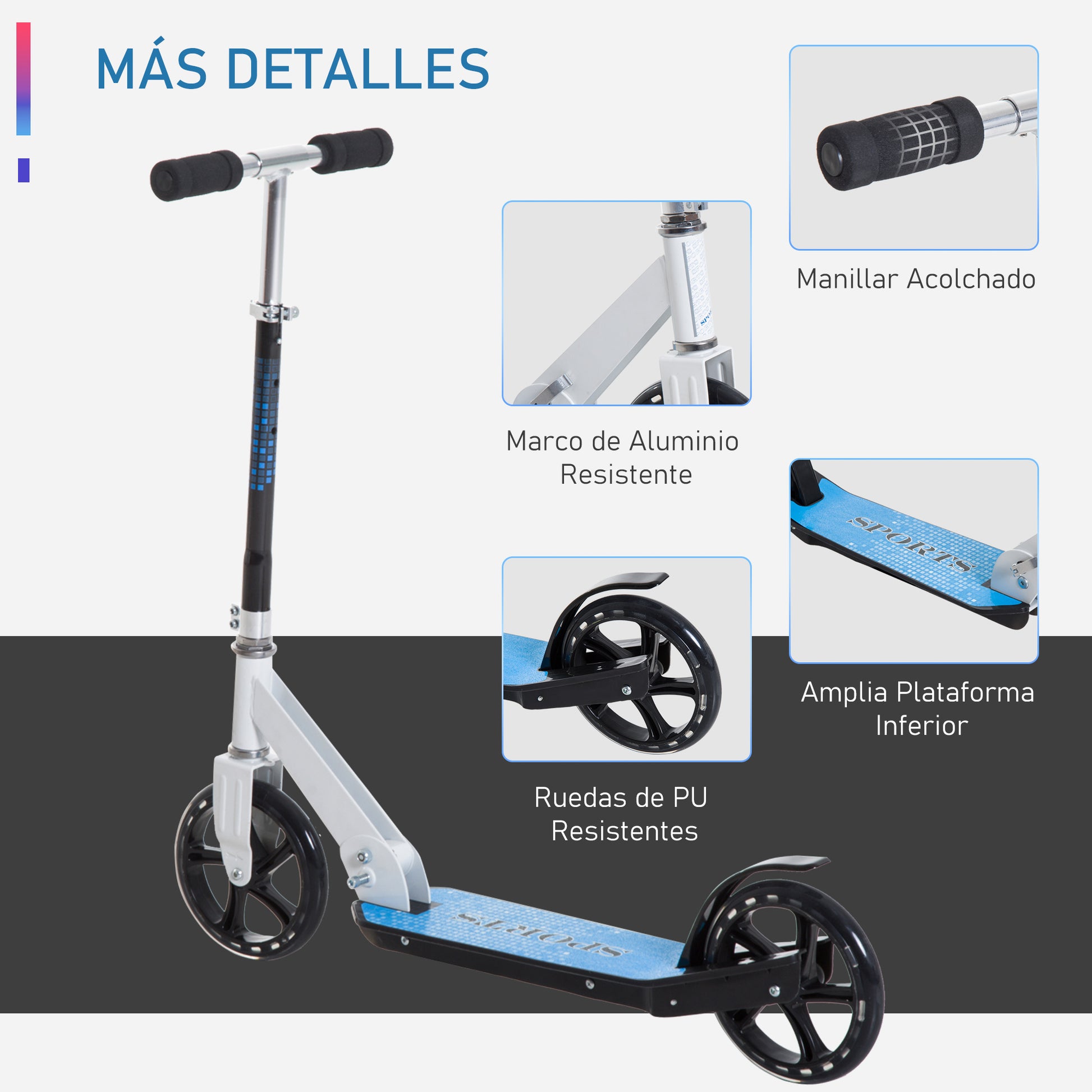 Scooter for Kids and Adults Folding Scooter Adjustable Handlebar Lightweight Aluminum Frame Stable Load 80kg Aluminum 84x34x86-96 cm White
