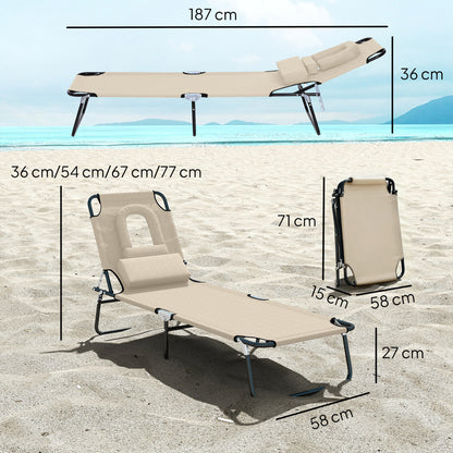 Folding Sun Lounger with Face Hole and Head Pillow — 4-Position Adjustable, Weatherproof, Up to 265 lb (Beige)