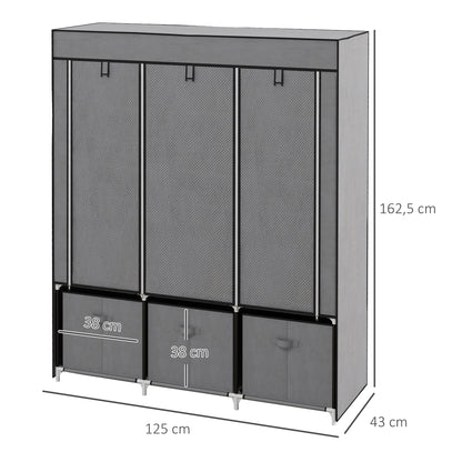 Fabric Wardrobe with Clothes Rail, Drawers, Zipper Foldable Wardrobe for Bedroom, Dressing Room, 125 x 43 x 162.5 cm, Dark Grey