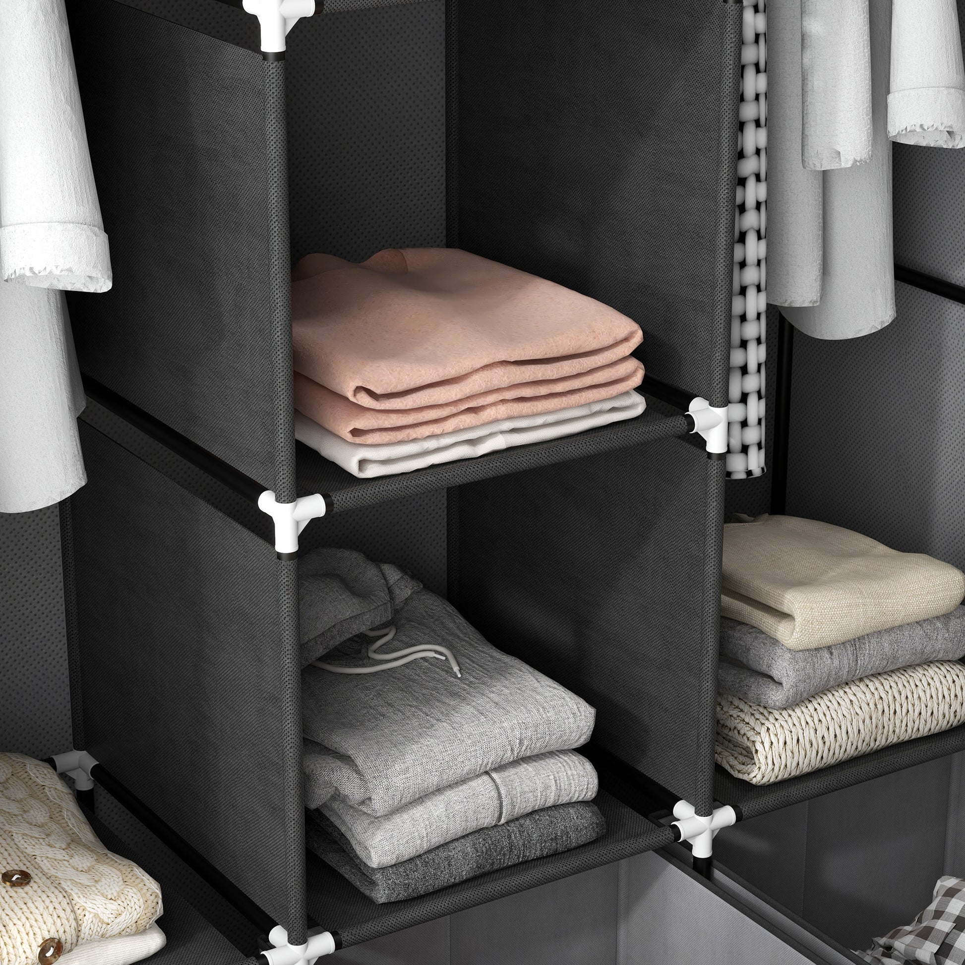 Fabric Wardrobe with Clothes Rail, Drawers, Zipper Foldable Wardrobe for Bedroom, Dressing Room, 125 x 43 x 162.5 cm, Dark Grey