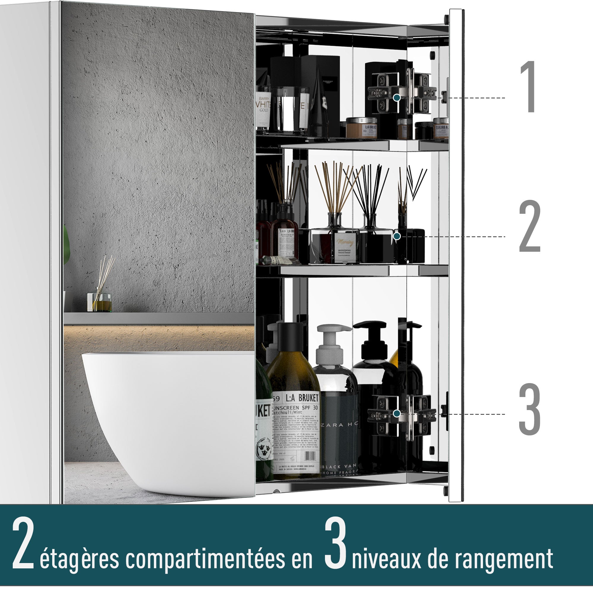 Stainless Steel Frame Mirror Cabinet with Storage Shelf for Bathroom Toilet dim. 60L x 12W x 55H cm
