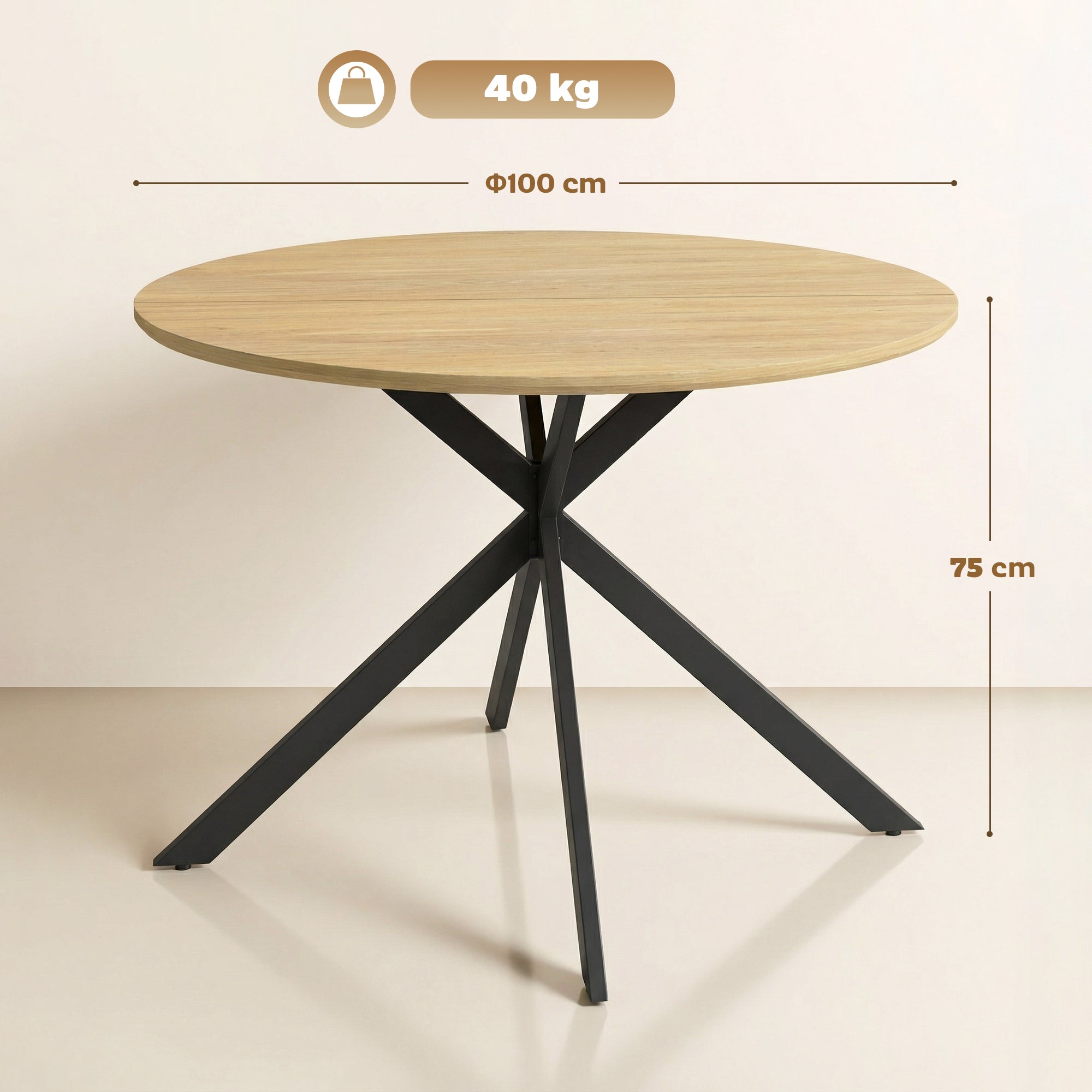 Round Dining Table for 4 — 39.4" Oak Top with Black Steel X-Legs, for Dining Room, Kitchen or Home Office