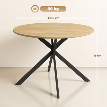 Round Dining Table for 4 — 39.4" Oak Top with Black Steel X-Legs, for Dining Room, Kitchen or Home Office