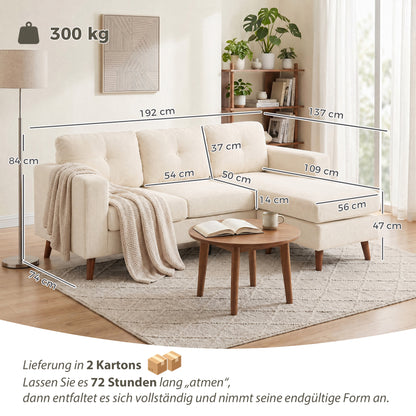 3-Seater L-Shape Corner Sofa with Reversible Chaise, Cord-Look Upholstery — Cream White (76" x 54" x 33")