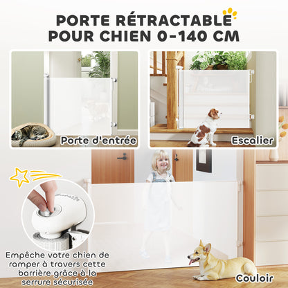 Retractable Dog Safety Barrier 0-140 cm Width, Stair and Door Barrier for Dogs and Cats with Lock, White