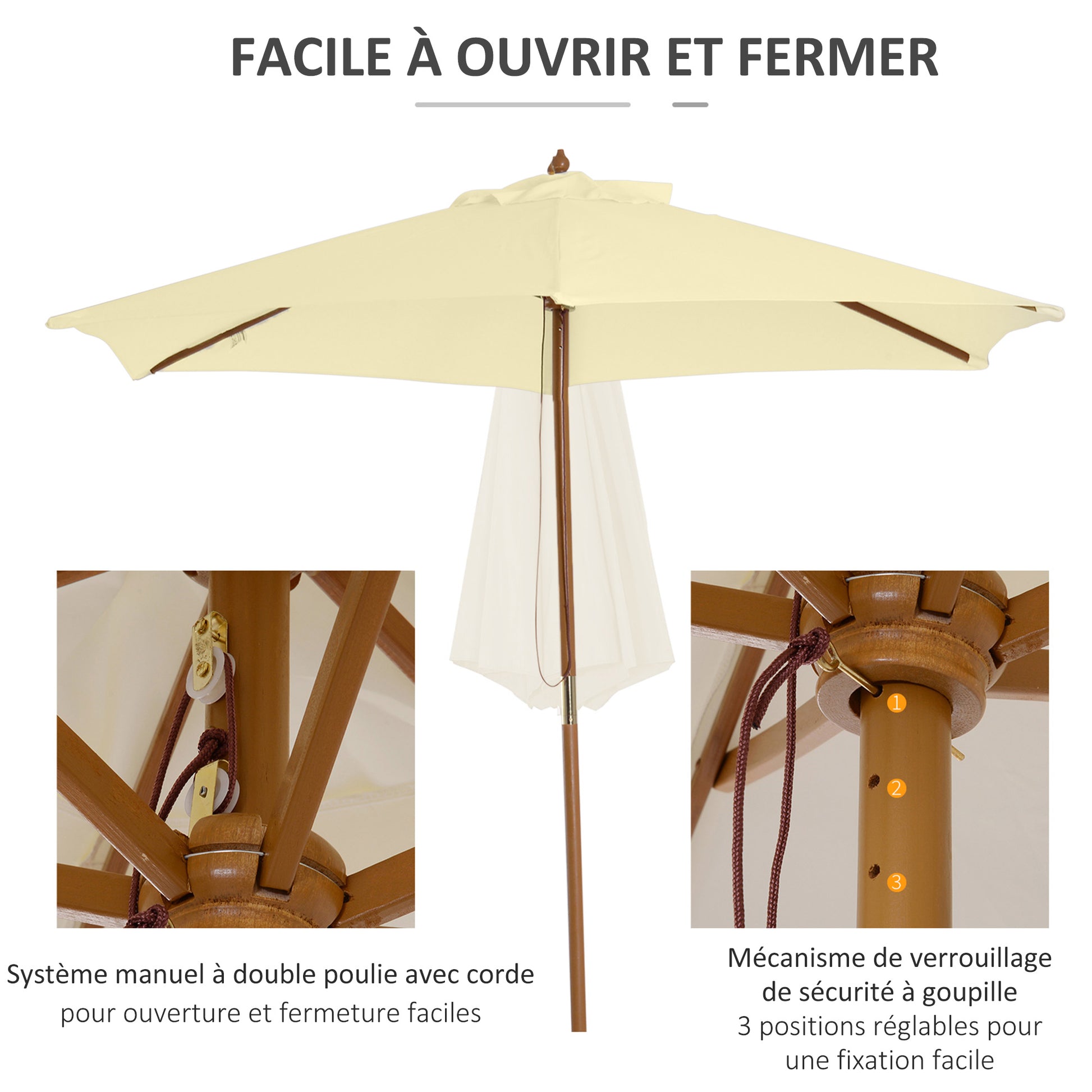 Outdoor Garden Umbrella Double Top Hexagonal Large Size Jardin Ø 2.5 x 2.3H m Bamboo Wood Cream