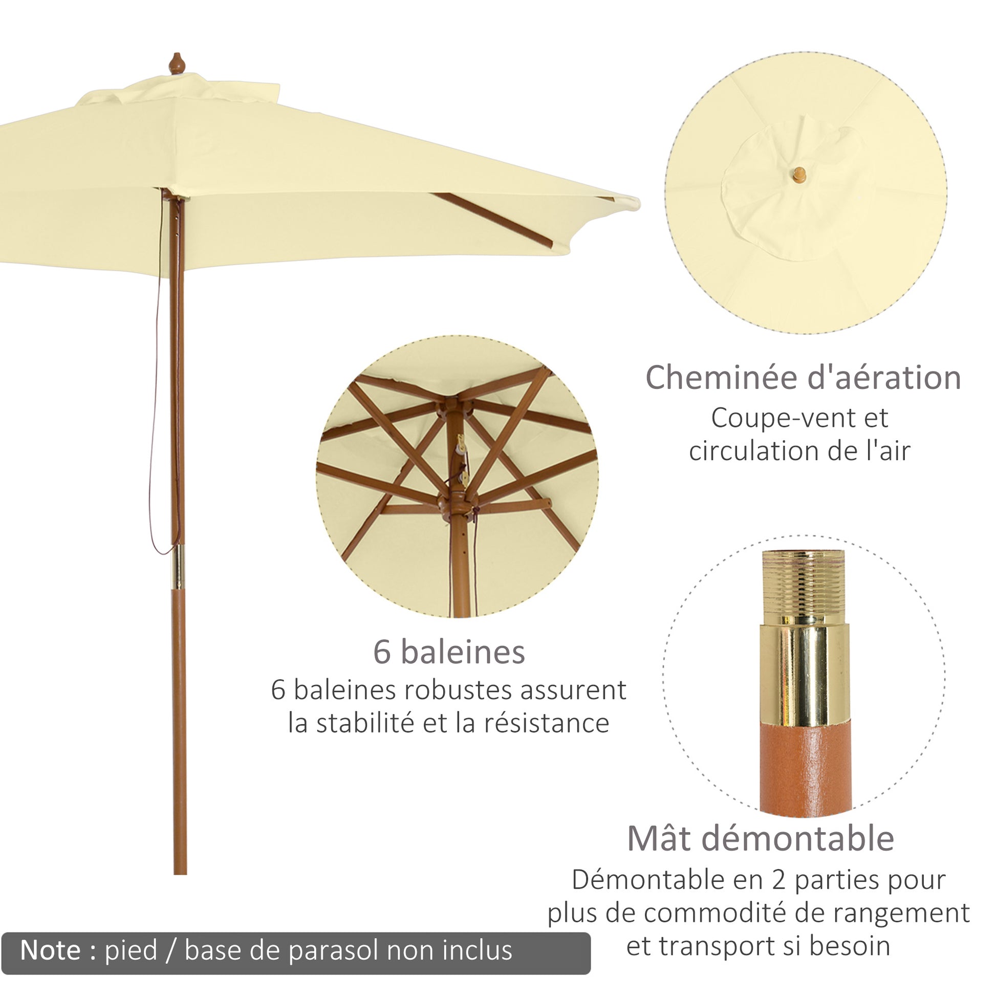 Outdoor Garden Umbrella Double Top Hexagonal Large Size Jardin Ø 2.5 x 2.3H m Bamboo Wood Cream