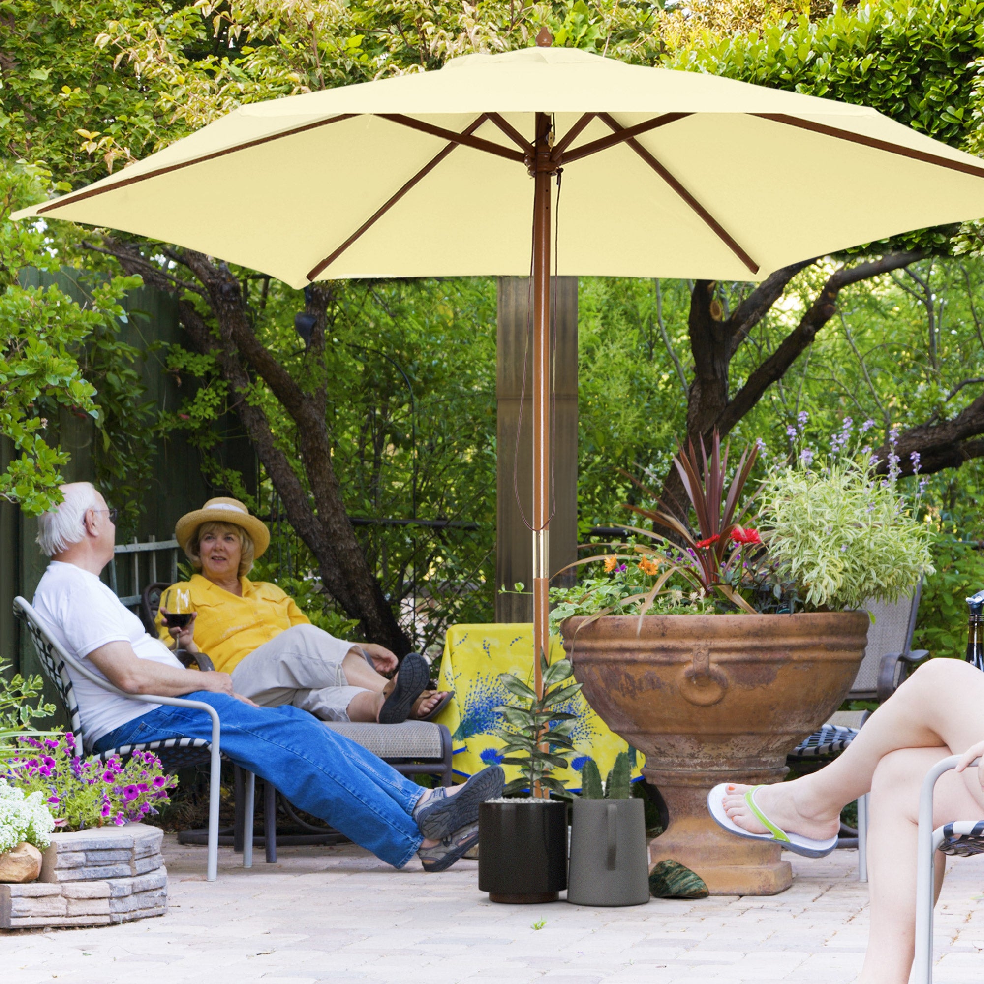 Outdoor Garden Umbrella Double Top Hexagonal Large Size Jardin Ø 2.5 x 2.3H m Bamboo Wood Cream