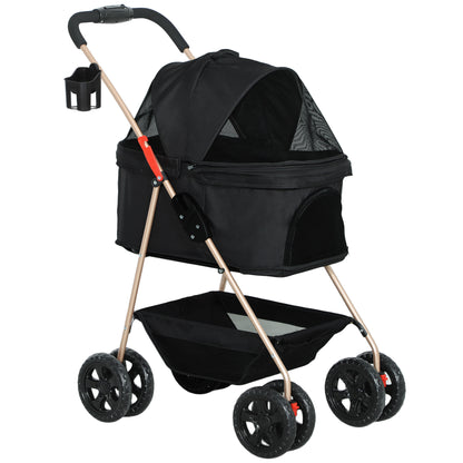 Foldable 3 in 1 Dog Stroller Pet Stroller for Small Dogs with Storage Basket Mesh Window Cup Holder and 2 Universal Wheels 76x50x102 cm Black