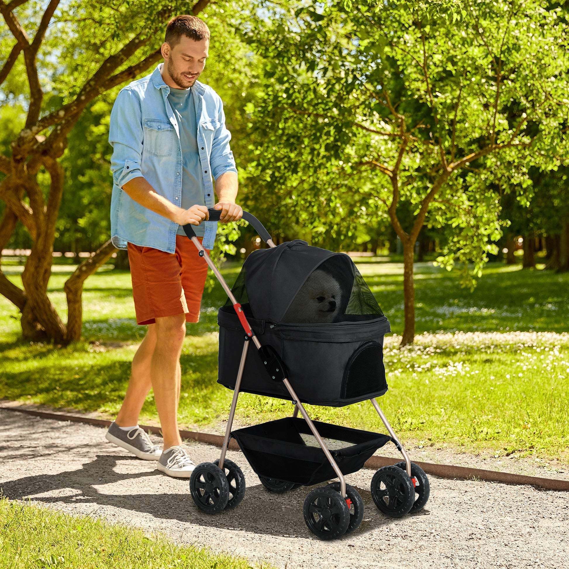 Foldable 3 in 1 Dog Stroller Pet Stroller for Small Dogs with Storage Basket Mesh Window Cup Holder and 2 Universal Wheels 76x50x102 cm Black